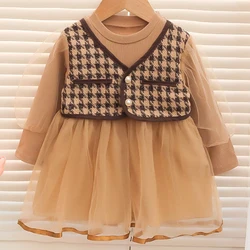 Vestido de bebé a cuadros manga larga estilo princesa para niña