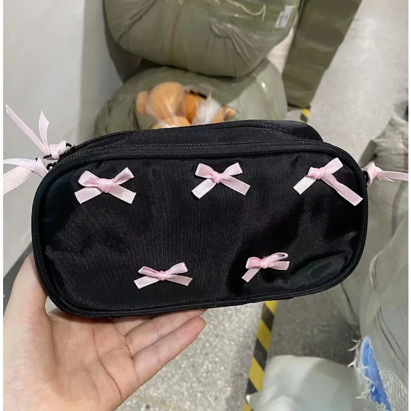 Estuche de lápices negro con lazo rosa crema gran capacidad