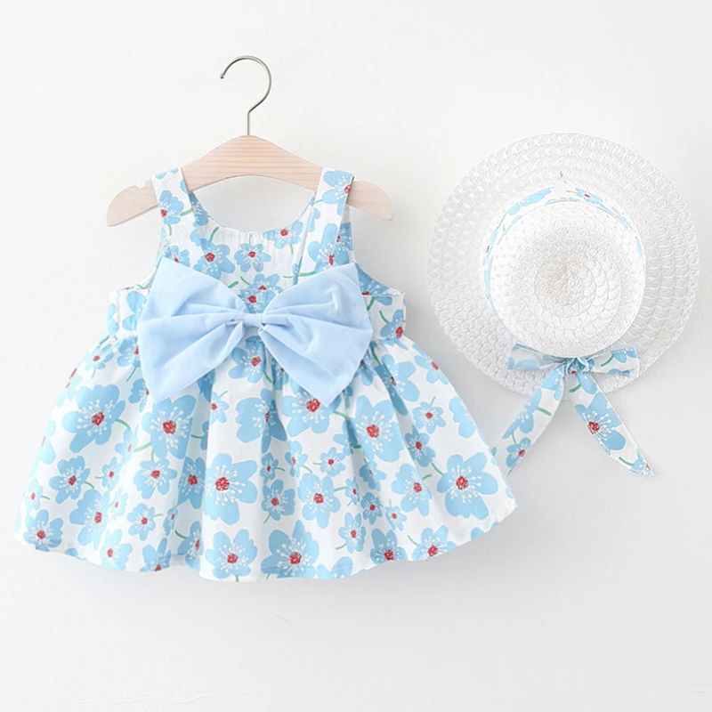 Vestido de verano floral con lazo y sombrero para niña - imagen 2