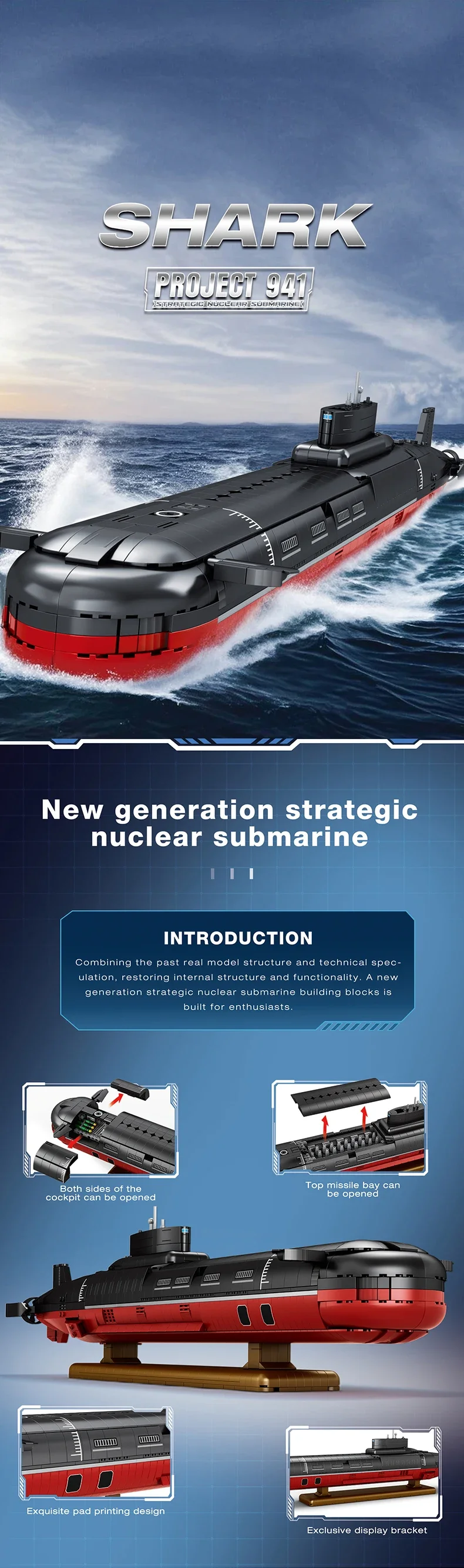 Vista del modelo submarino tipo Typhoon en bloques