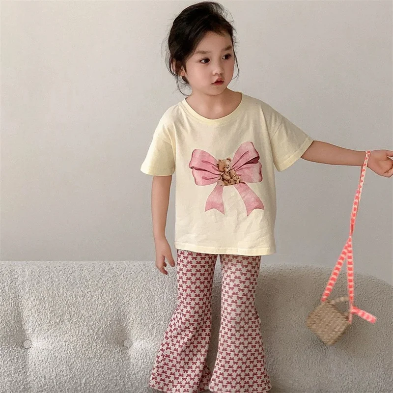 Conjunto de verano para niños con lazo, camiseta y pantalón oso - imagen 4