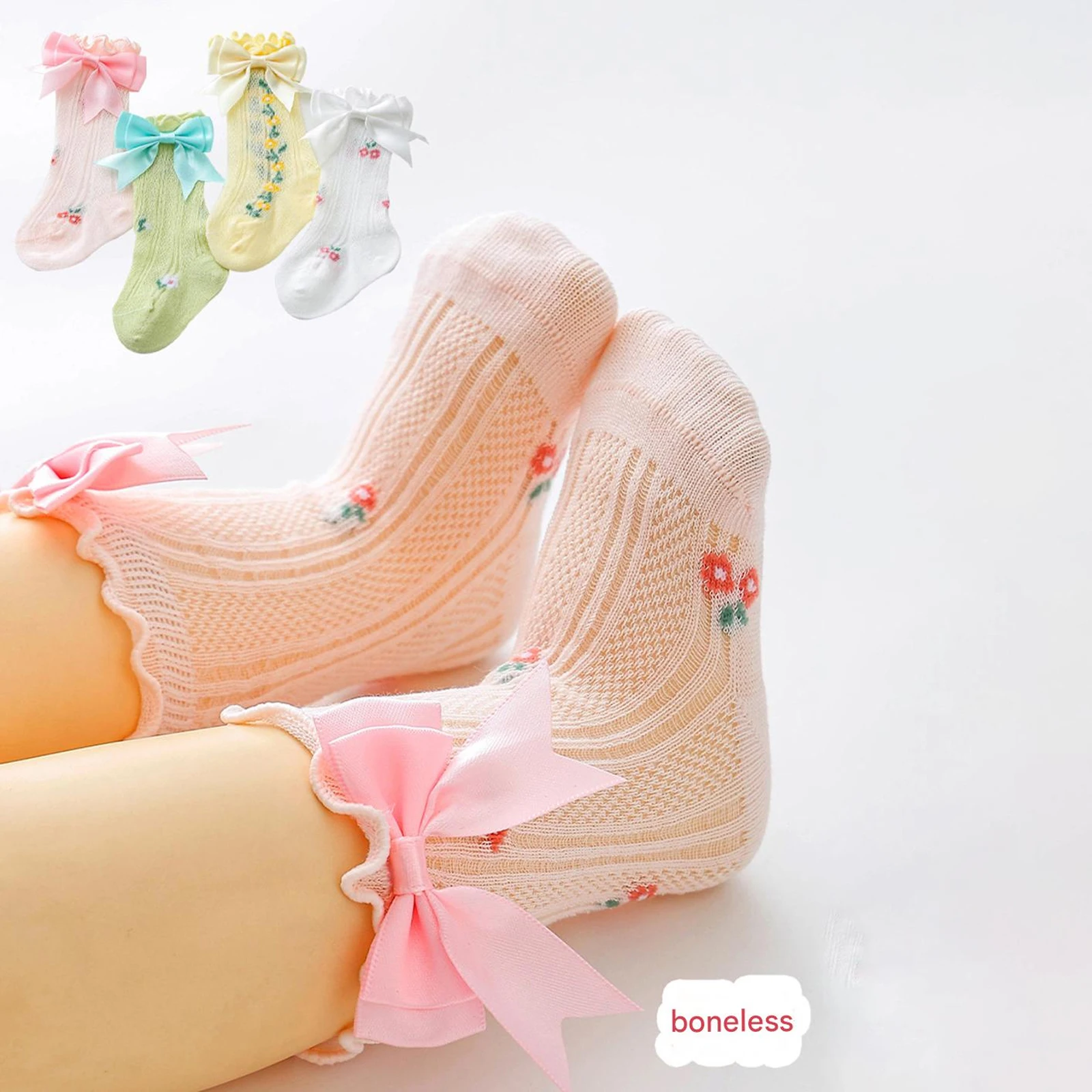 Calcetines altos con volantes y lazo para niñas pequeñas