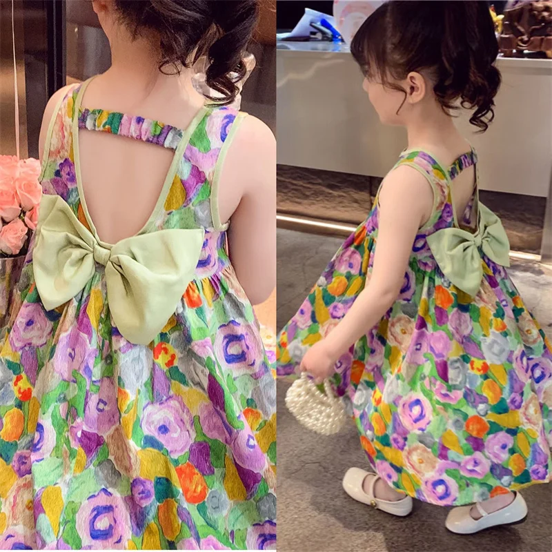 Vestido de verano floral para niñas con lazo y falda sin mangas