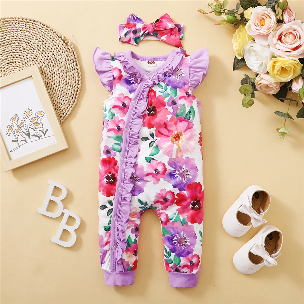 Pelele de bebé niña con volante floral y diadema para verano