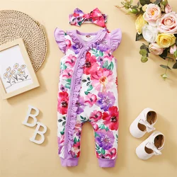 Pelele de bebé niña con volante floral y diadema para verano