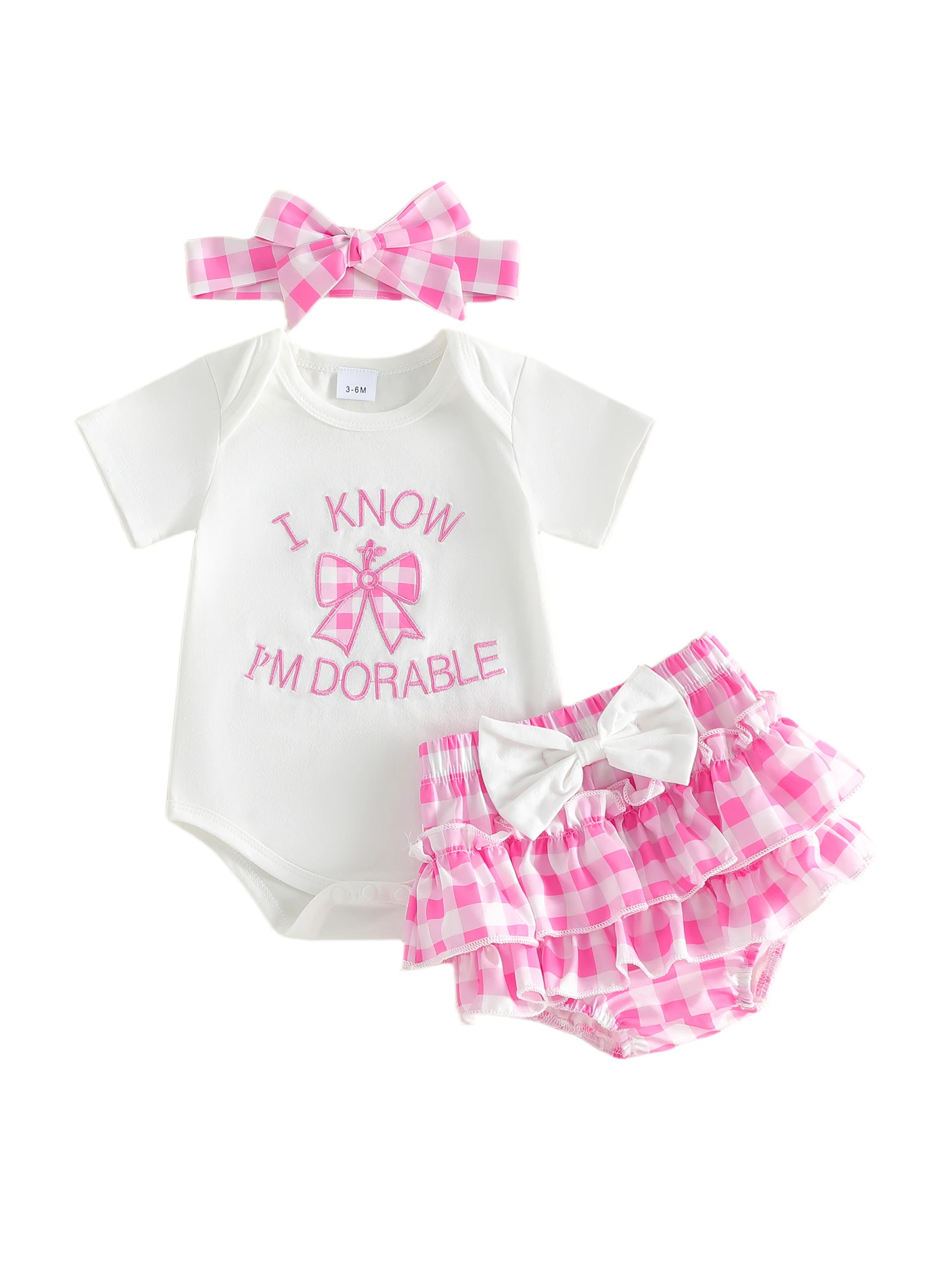 Conjunto de verano para niñas pequeñas en rosa con diadema y shorts a cuadros