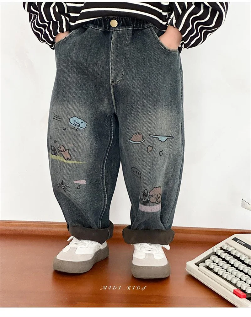 Pantalones vaqueros de lana para niños de invierno con dibujos - imagen 2