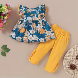 Conjunto veraniego niña con camiseta floral y leggings lisos