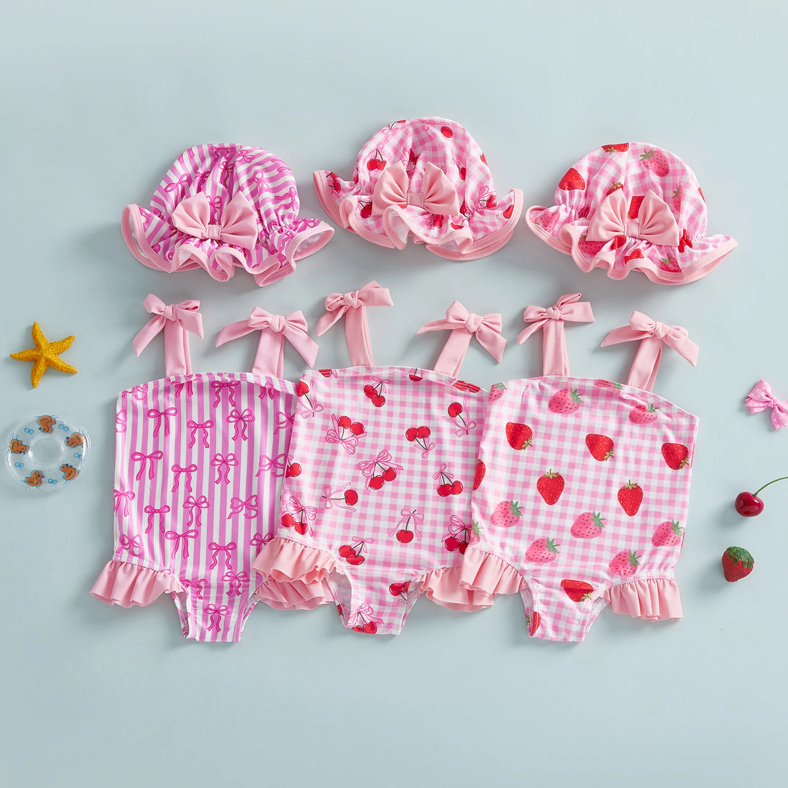 Bañador verano niña sin mangas con estampado fresa y gorro de baño - imagen 3