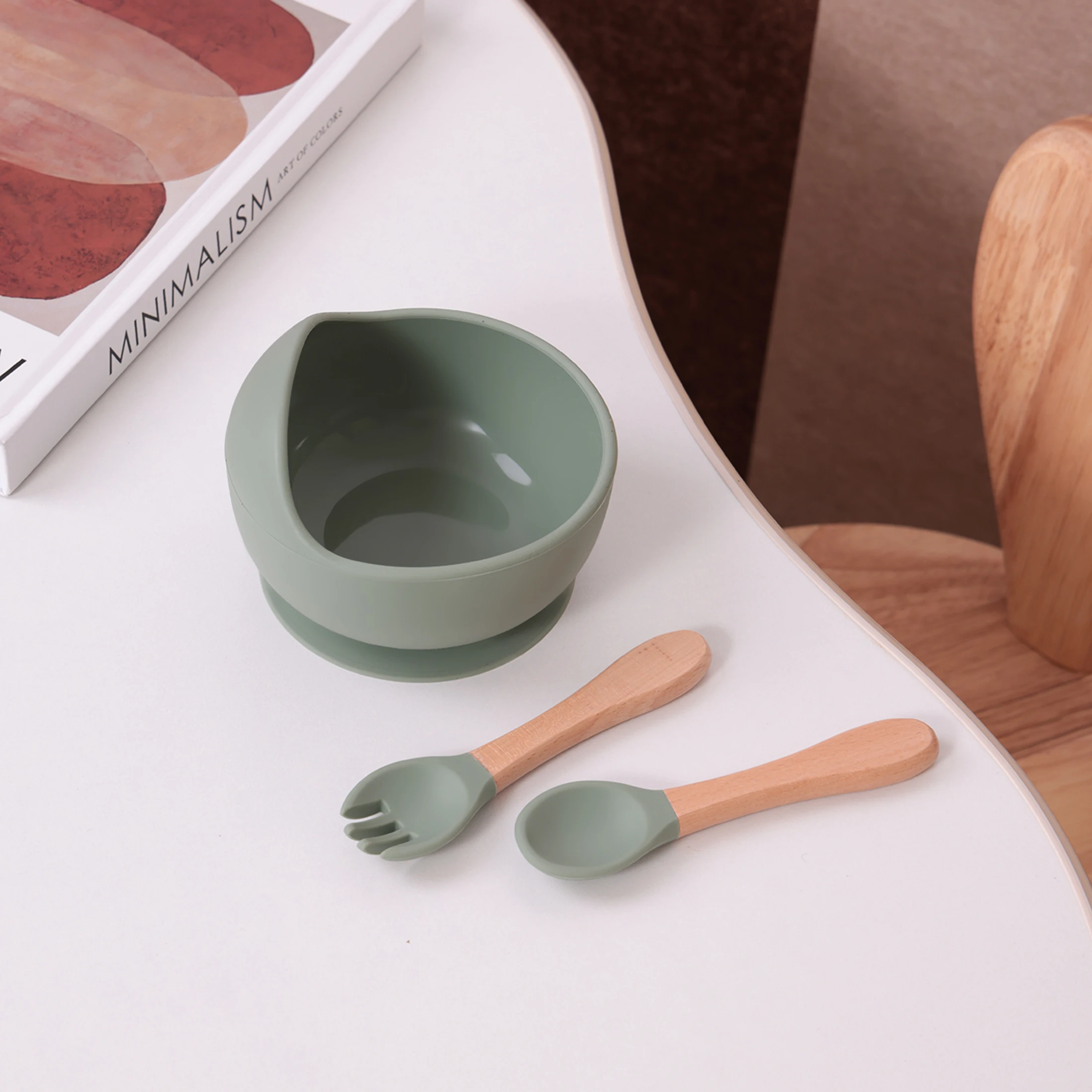 Juego alimentación bebé: tazón silicona ventosa, cubiertos de madera - imagen 4