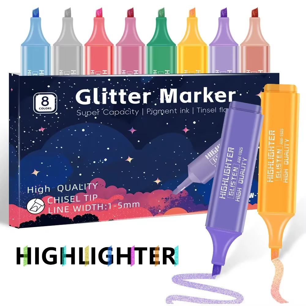 Resaltadores mostrando la gama de colores pastel con purpurina