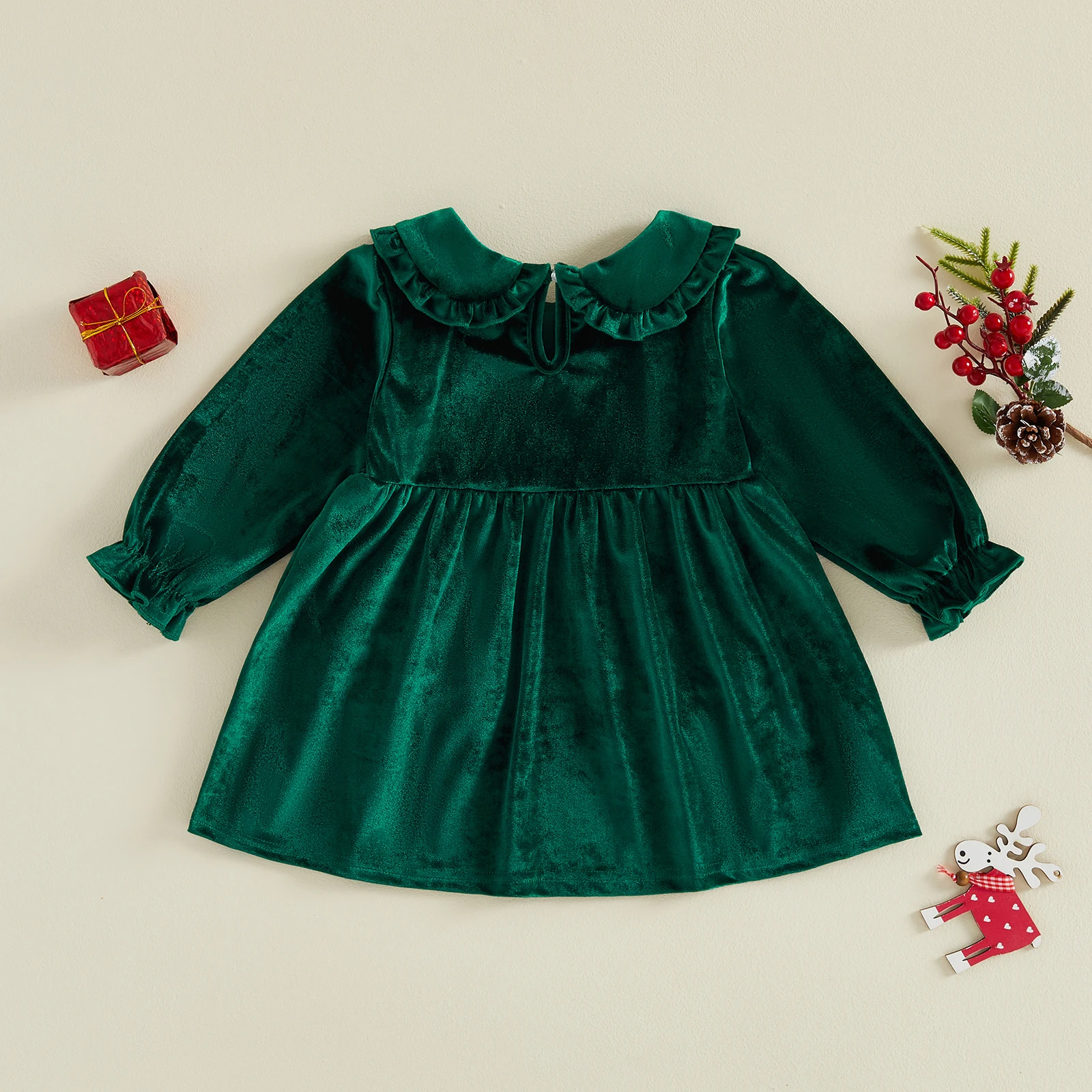 Vestido de terciopelo navideño niña pequeña corte en A con bolsillos - imagen 4