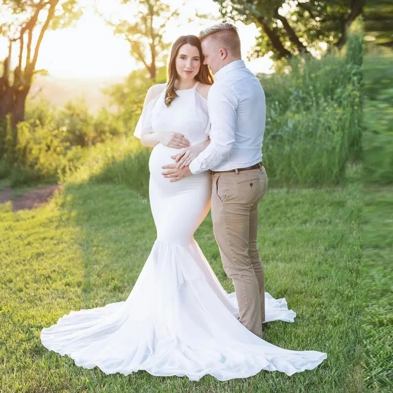 Vestido de maternidad con volantes y hombro descubierto para fotos - imagen 3