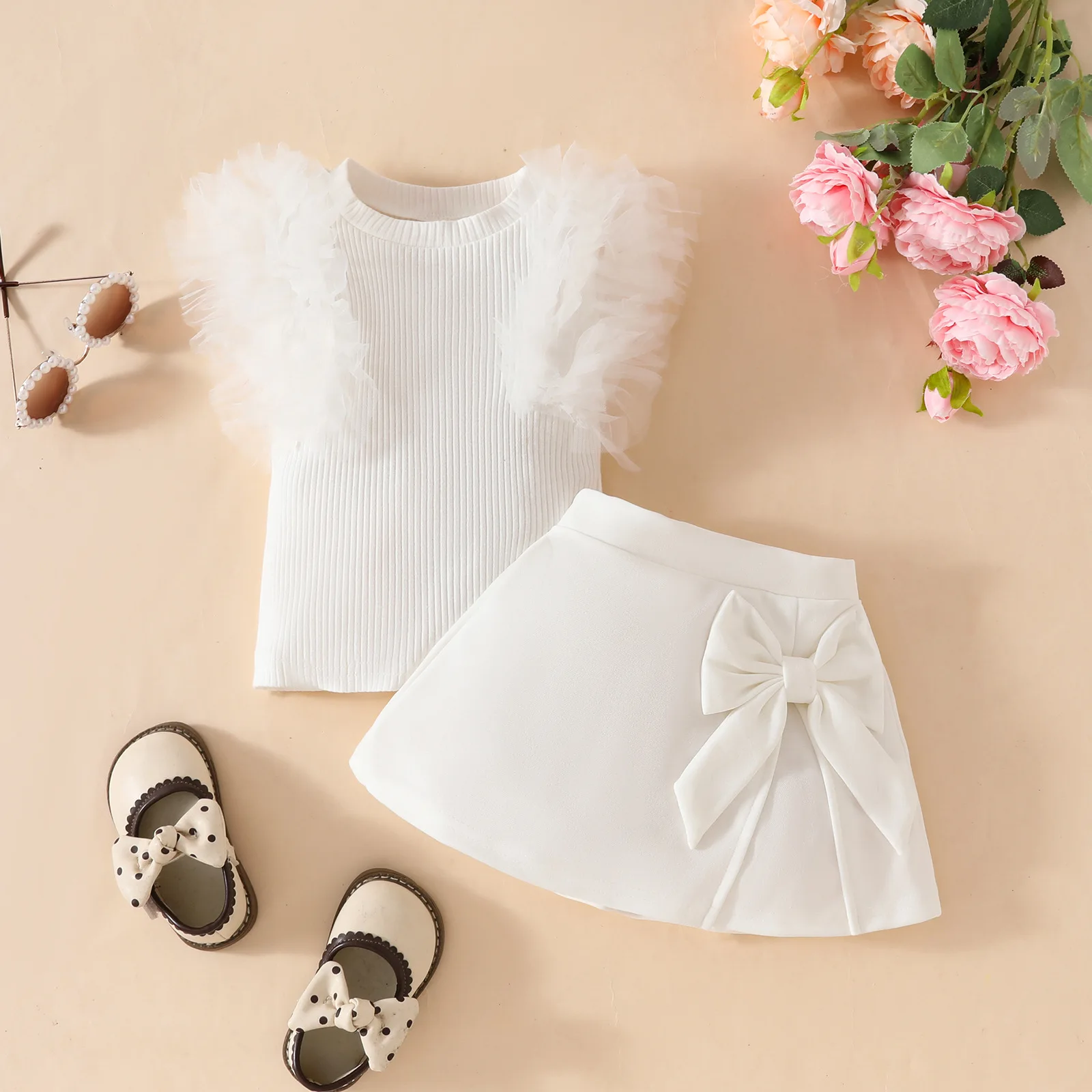 Conjunto verano niña encaje de algodón sin mangas pantalón corto lazo - imagen 5