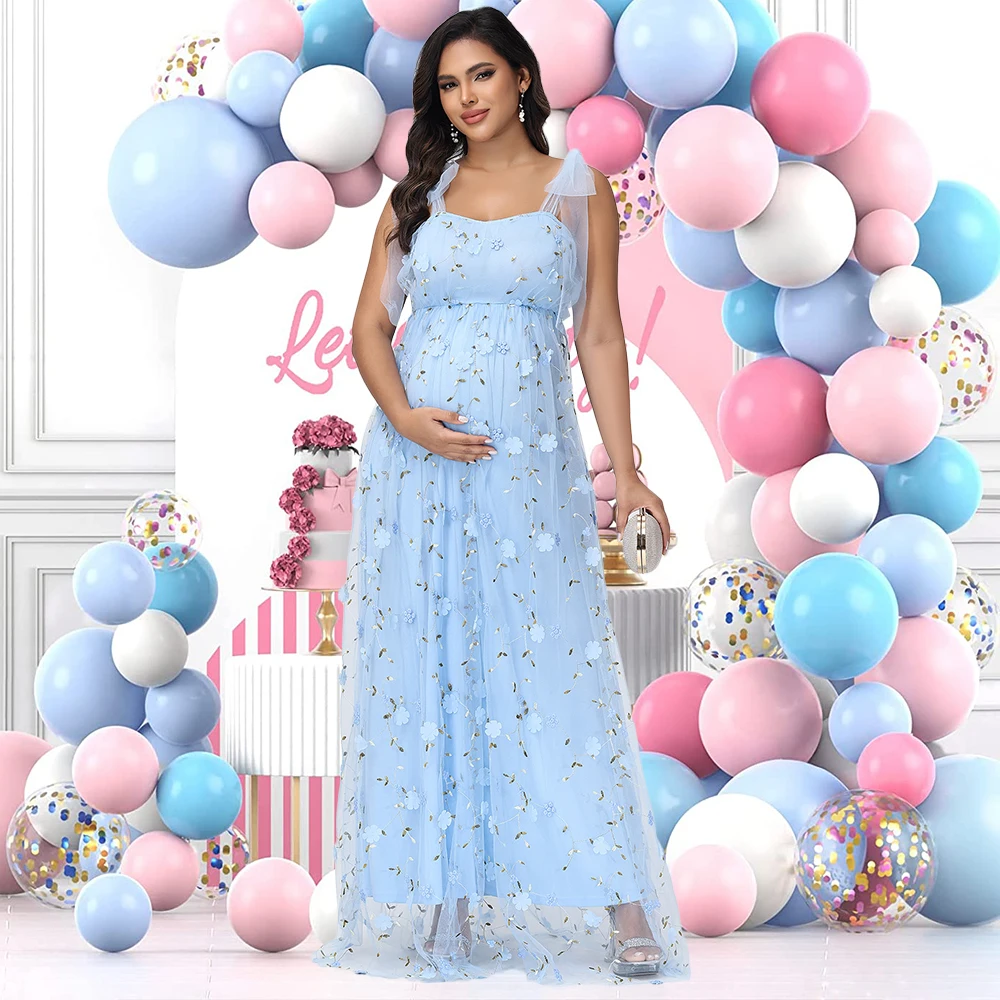 Vestido premamá largo de tul bordado floral con tirantes - imagen 2