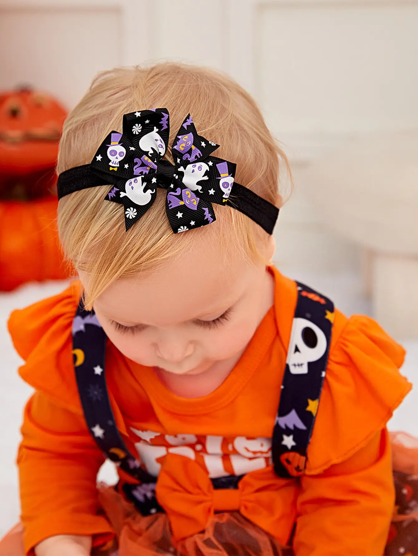 Diadema Halloween bebé niña lazo murciélago – Accesorio elástico pelo