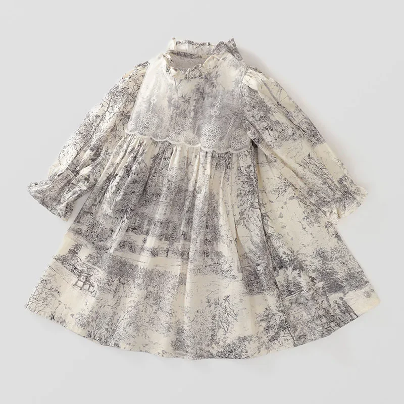 Vestido niña encaje de algodón manga larga estilo princesa