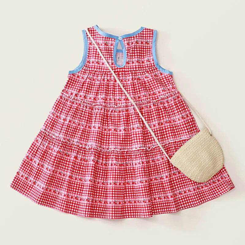 Vestido de niña sin mangas de verano a cuadros con cerezas - imagen 3