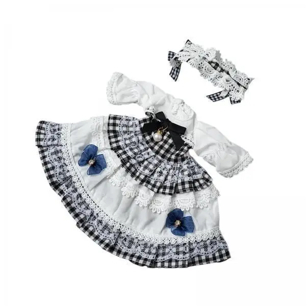Conjunto de vestido a cuadros para muñeca con diadema