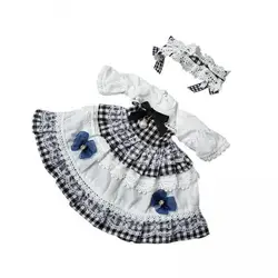 Conjunto de vestido a cuadros para muñeca con diadema