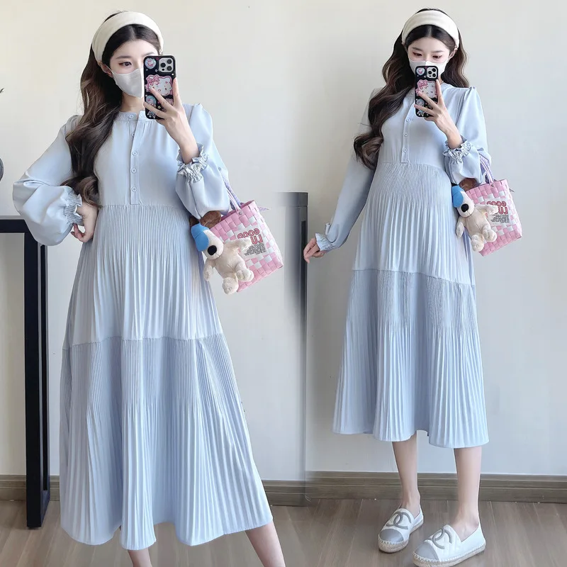 Vestido premamá largo estilo franco coreano corte V suelto para otoño - imagen 2