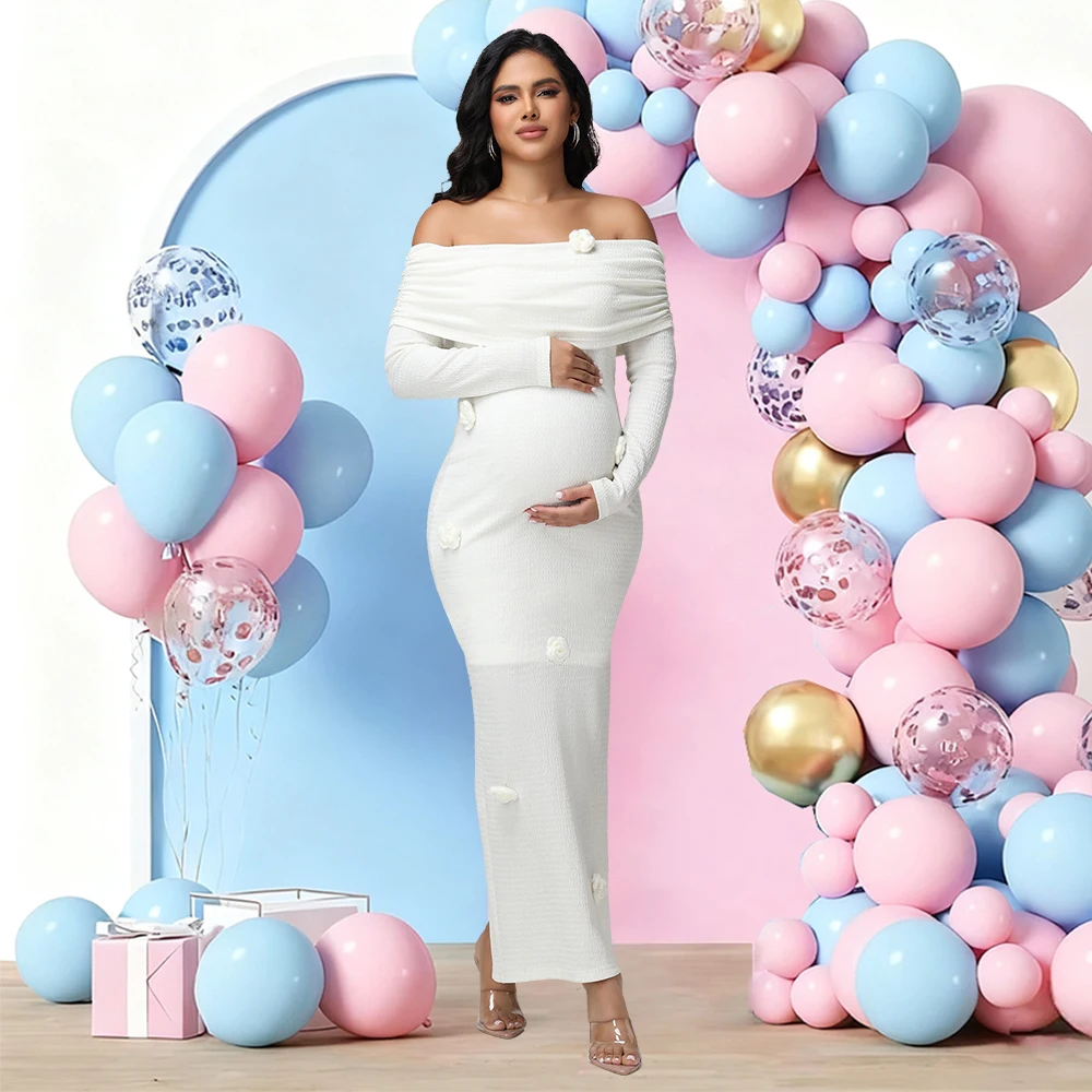 Vestido de maternidad floral con hombros descubiertos y manga larga