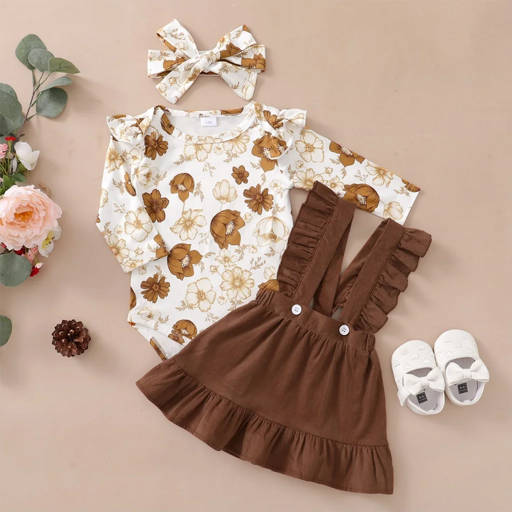 Conjunto bebé niña top floral manga larga y falda marrón con tirantes - imagen 3