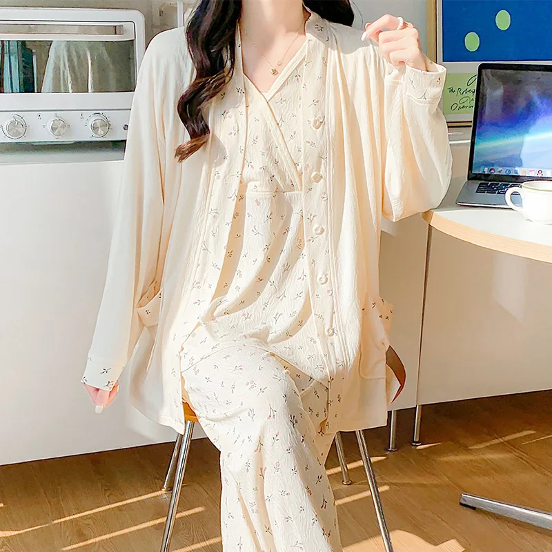 Pijama de lactancia de algodón floral para verano y otoño