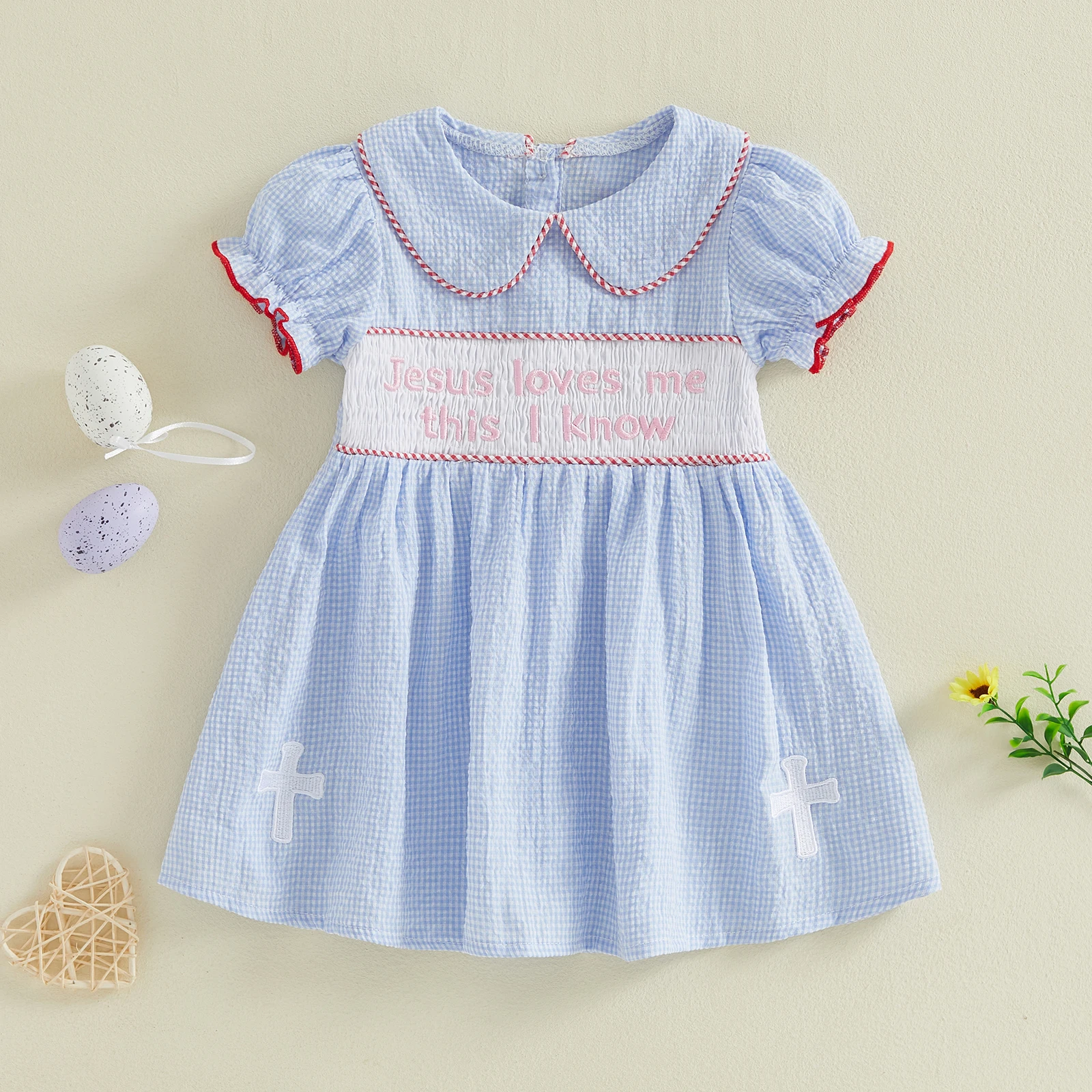 Vestido de Pascua para niña – Manga corta corte A con bordado cruzado - imagen 2