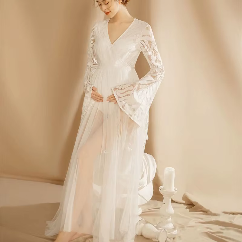Vestido de embarazo encaje mangas largas para sesión fotográfica - imagen 5