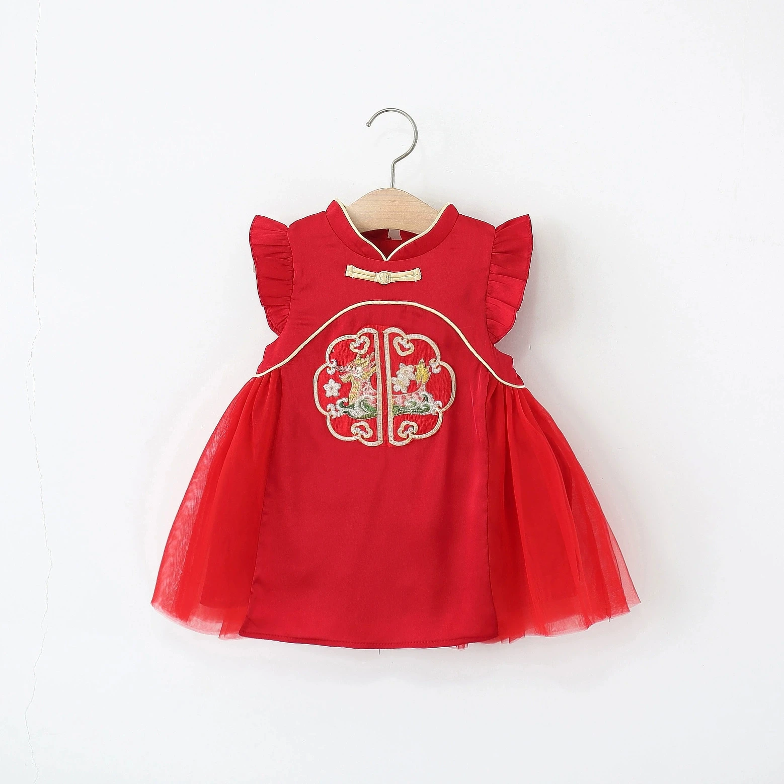 Vestido de verano rojo en malla sin mangas con bordado para niña - imagen 2
