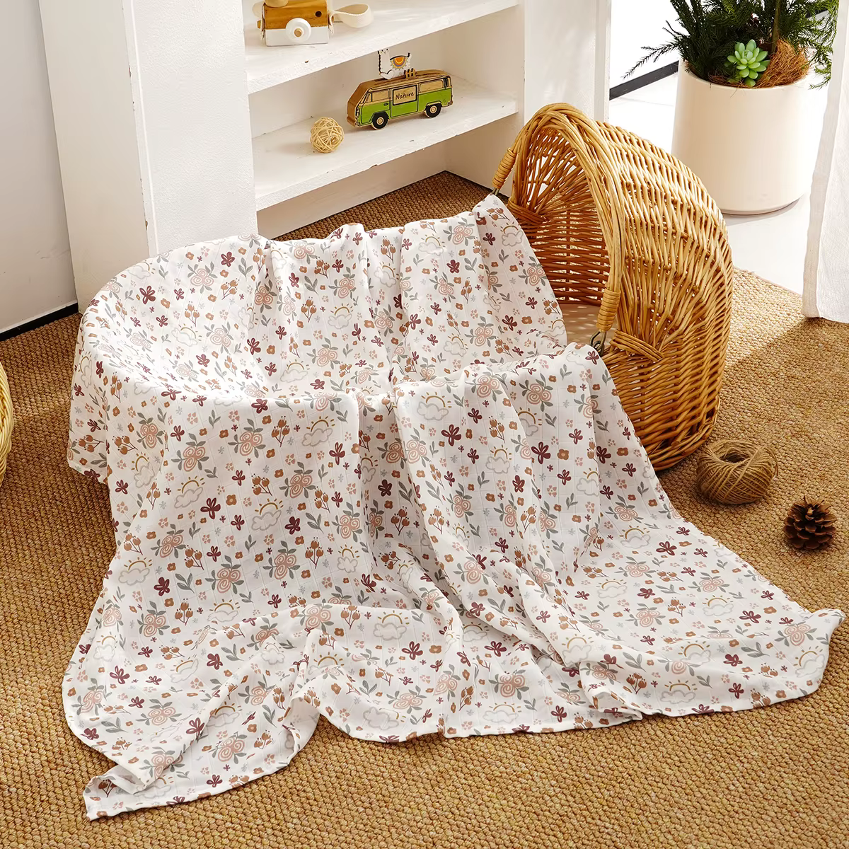 Manta de muselina con estampado retro floral, suave y transpirable