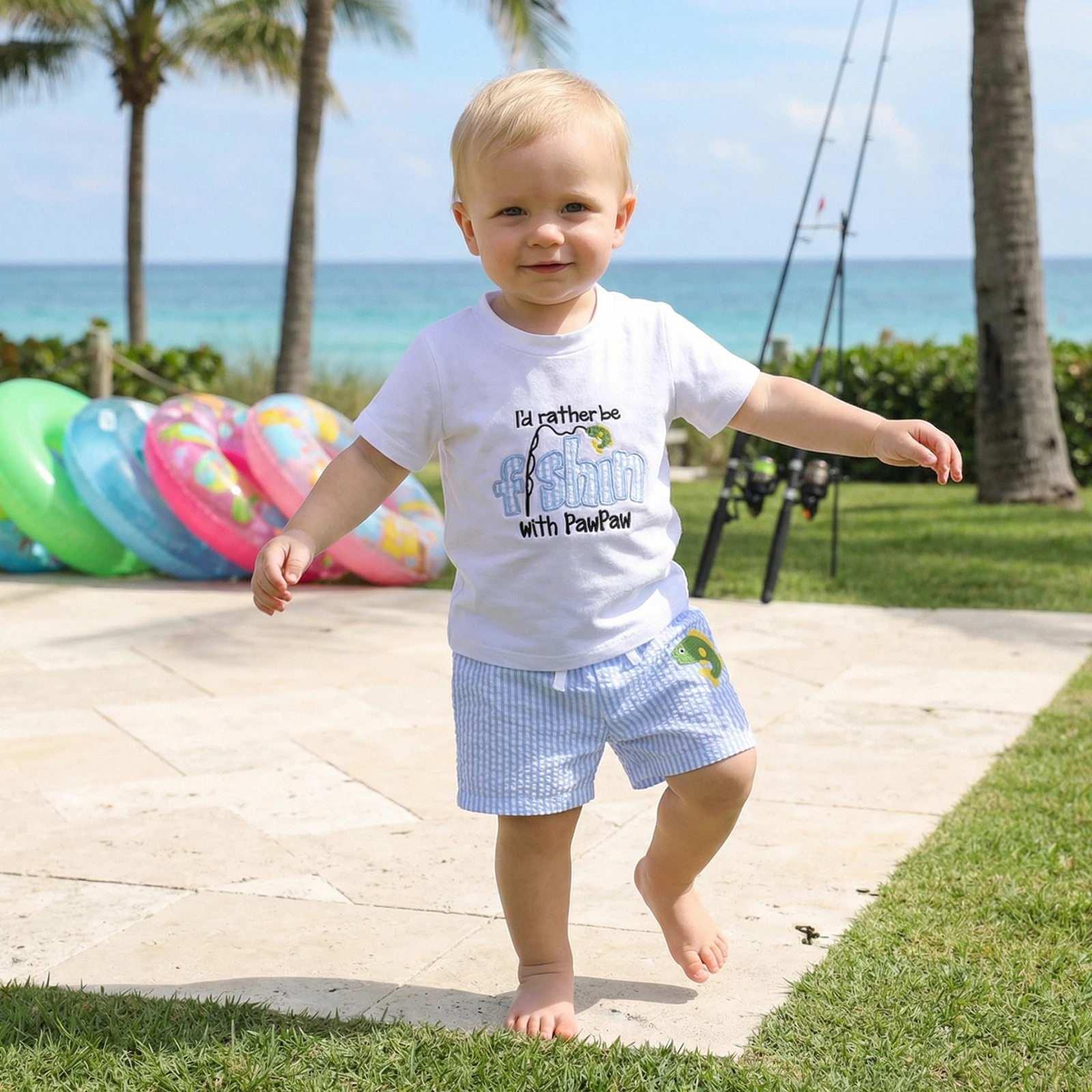 Conjunto de verano para niño: camiseta bordada y pantalón corto rayas - imagen 2