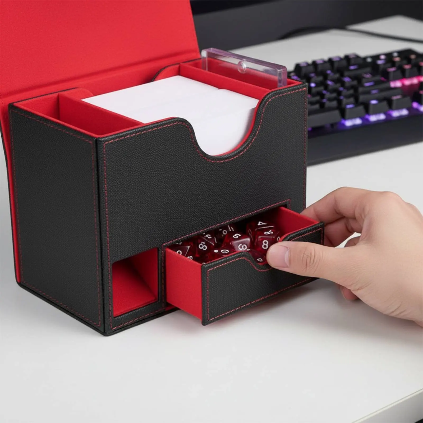 Caja de cartas cuero PU con ventana y funda doble para mazo