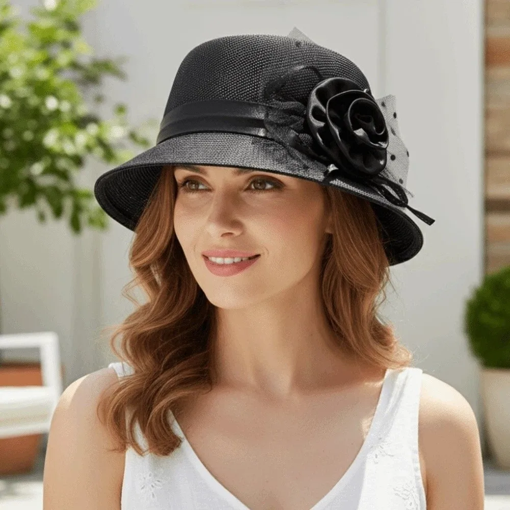 Sombrero de pescador solar transpirable plegable con flor elegante