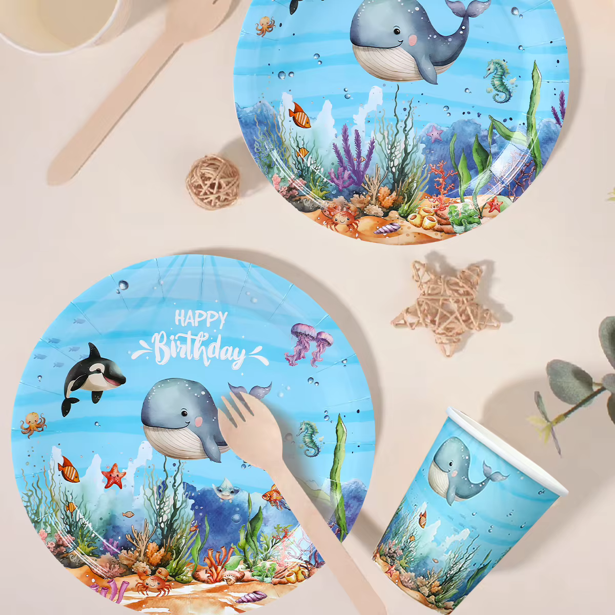 Vajilla desechable tiburón para cumpleaños infantiles – Tema marino - imagen 2