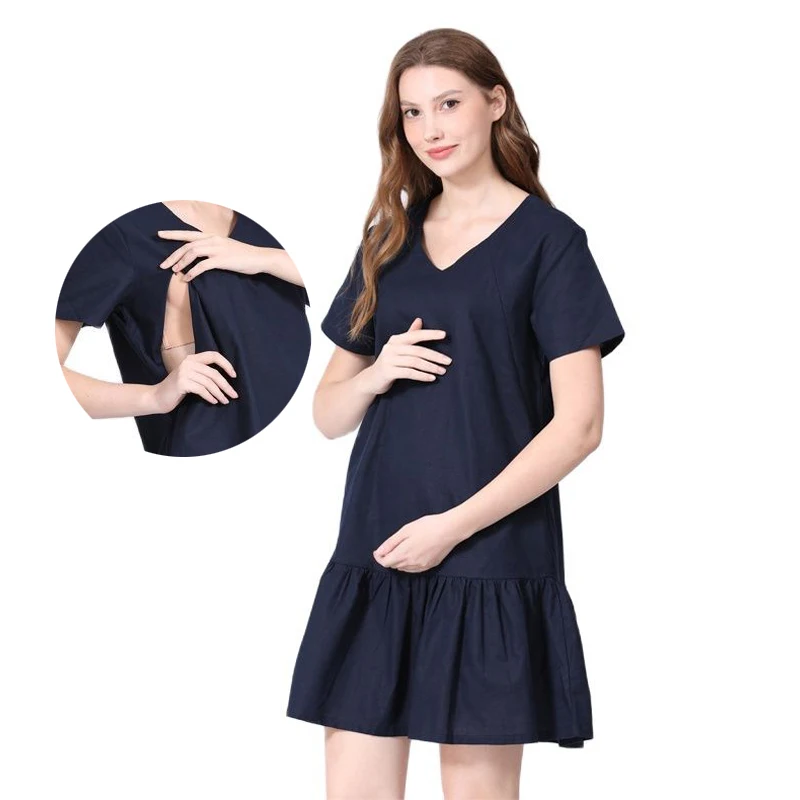 Vestido premamá y lactancia de algodón con cuello en V, manga corta - imagen 2