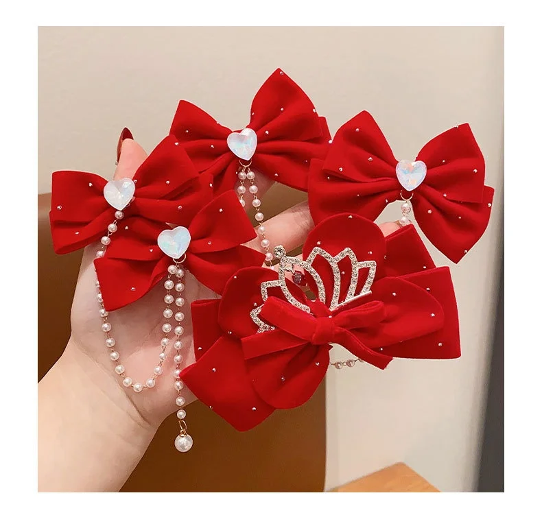 Pinza de pelo estilo antiguo chino con corona roja para niña
