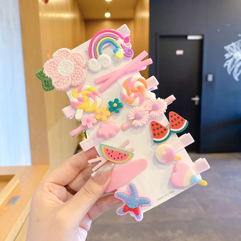 Conjunto de horquillas para bebé con flores, frutas y dibujos animados