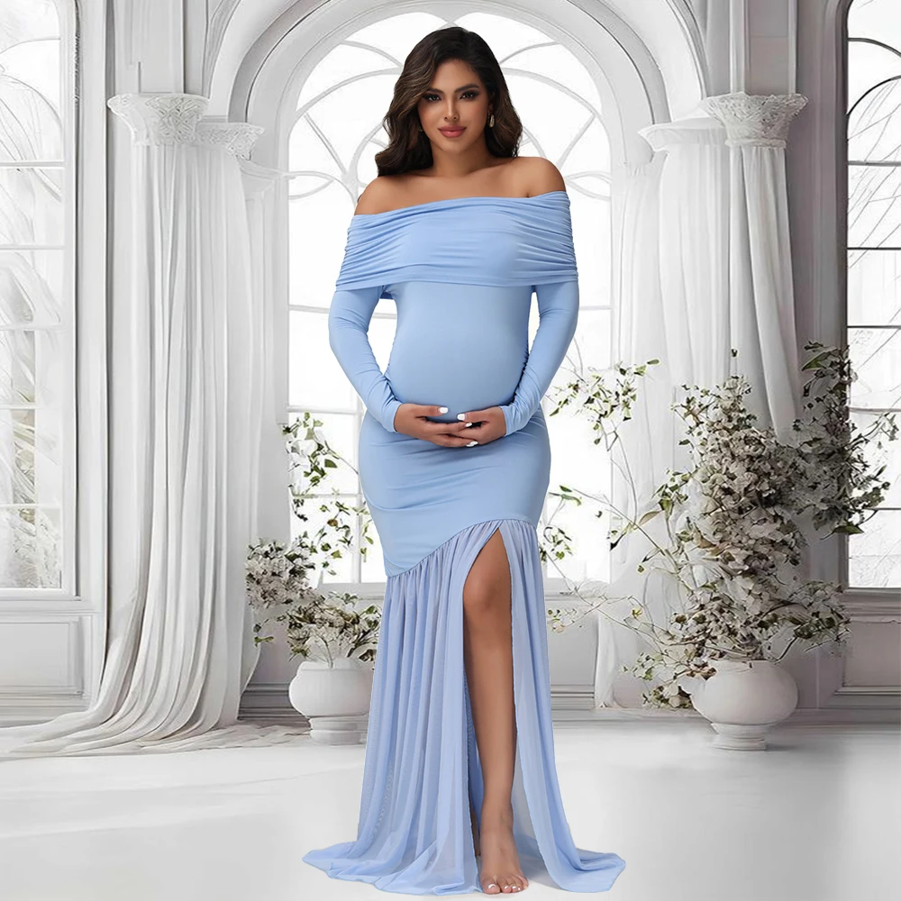 Vestido de maternidad con hombros descubiertos y cola de pez para fiesta - imagen 3