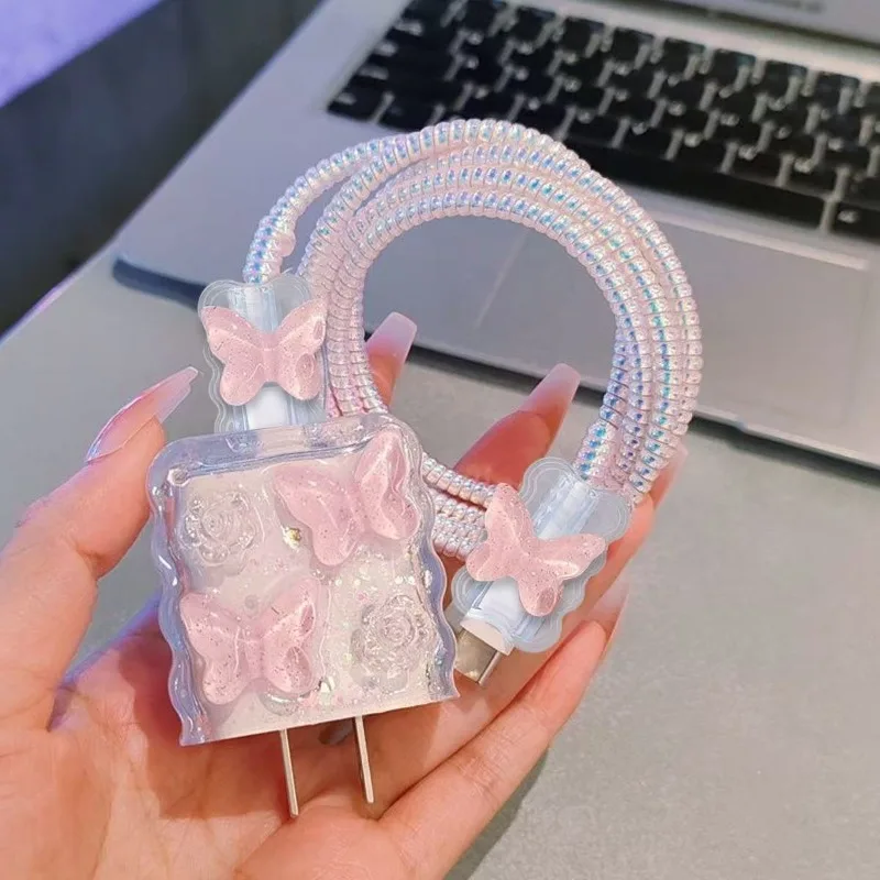 Protector de cable de carga rosa con mariposa de cristal y funda - imagen 2