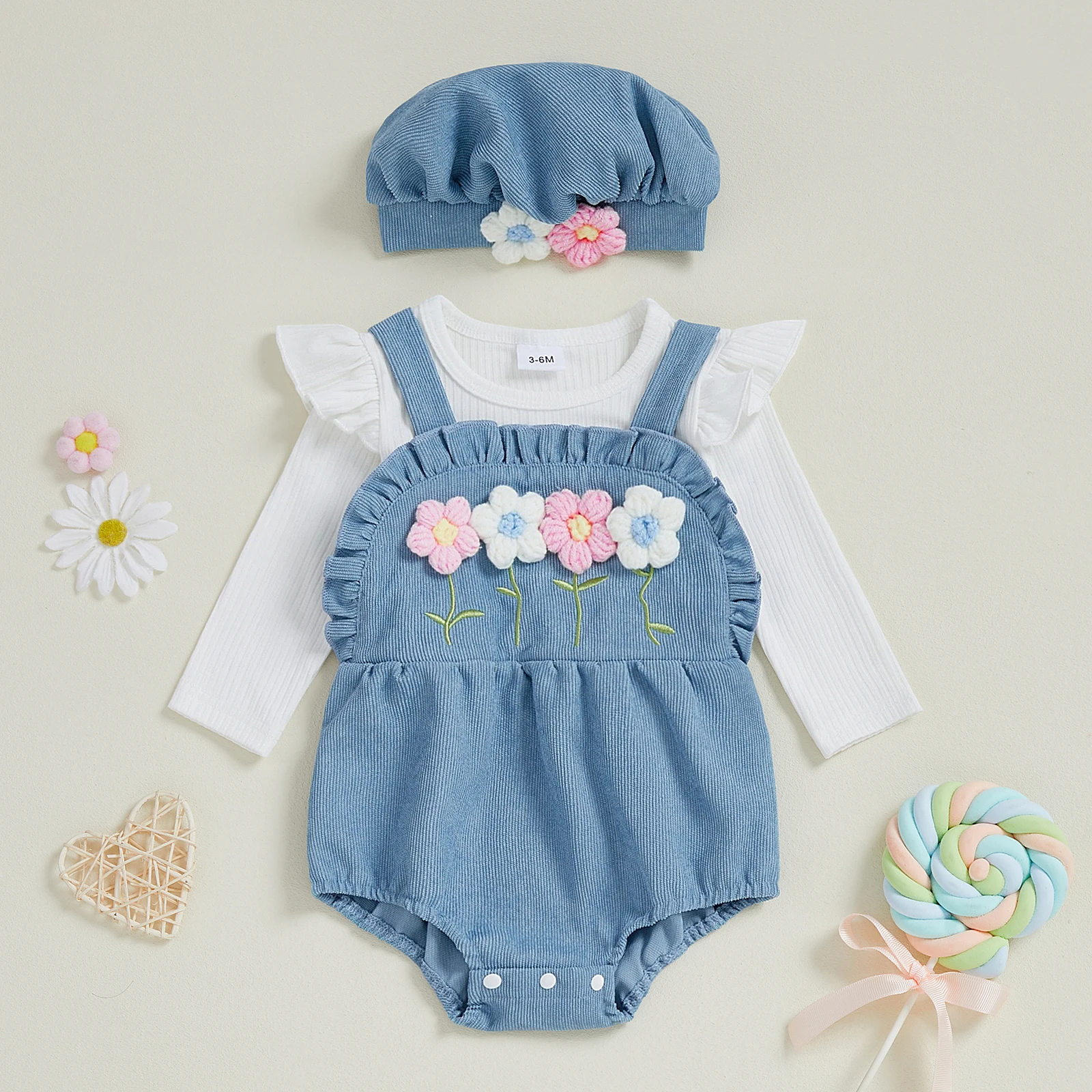 Mono bebé niña bordado floral cuello redondo efecto dos piezas - imagen 2
