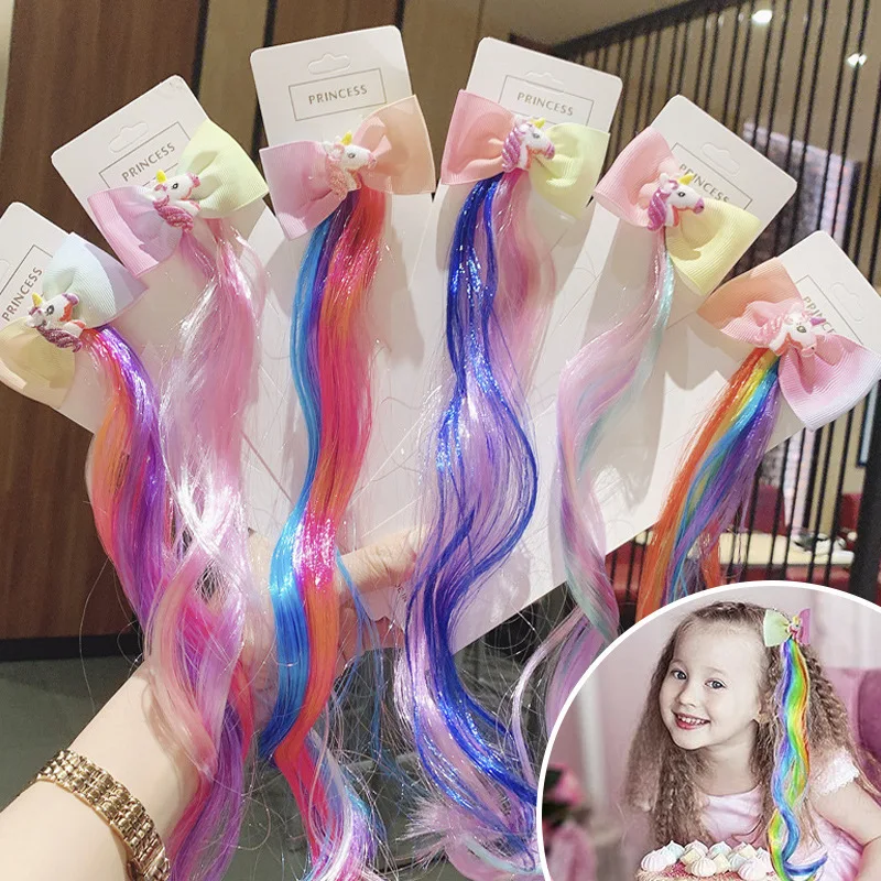 Peluca de unicornio brillante con coleta colorida para niña