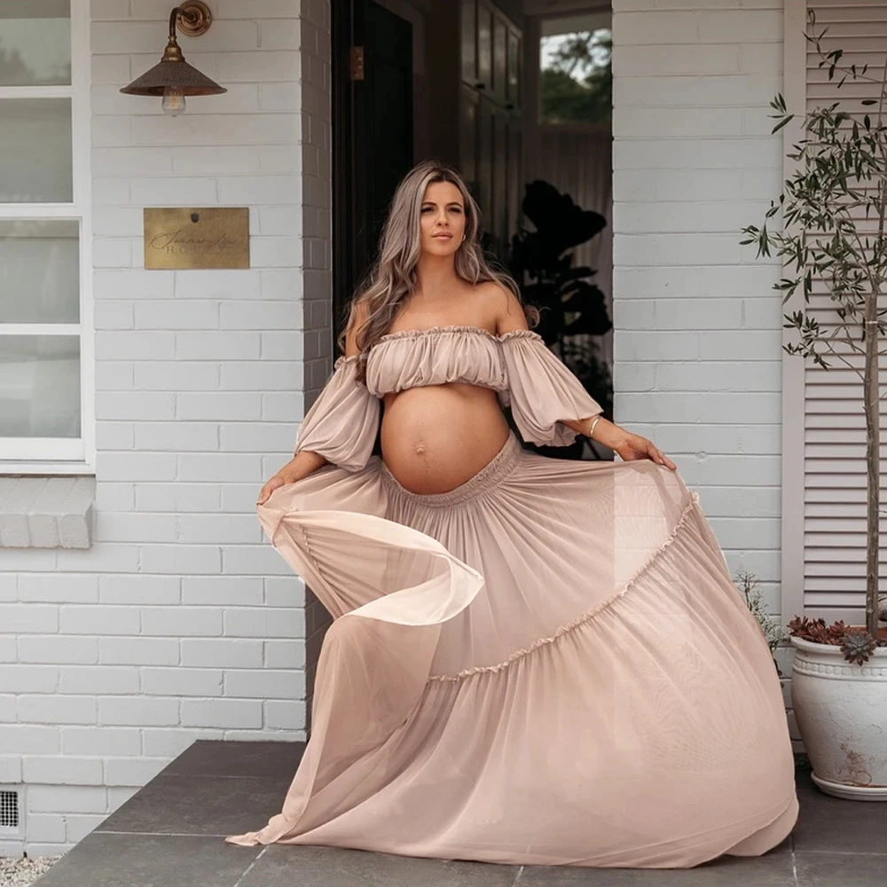 Vestido premamá de gasa bohemia marrón para sesiones fotográficas - imagen 4