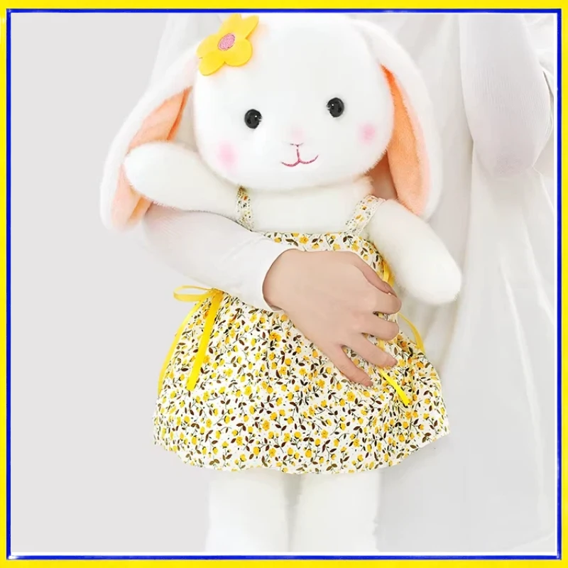 Peluche de conejo blanco orejas largas con vestido floral y flor - imagen 2