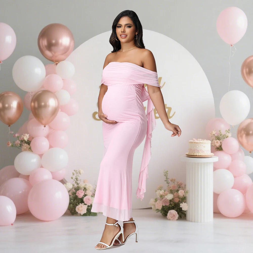 Vestido maternidad largo malla con hombros descubiertos y volantes - imagen 4