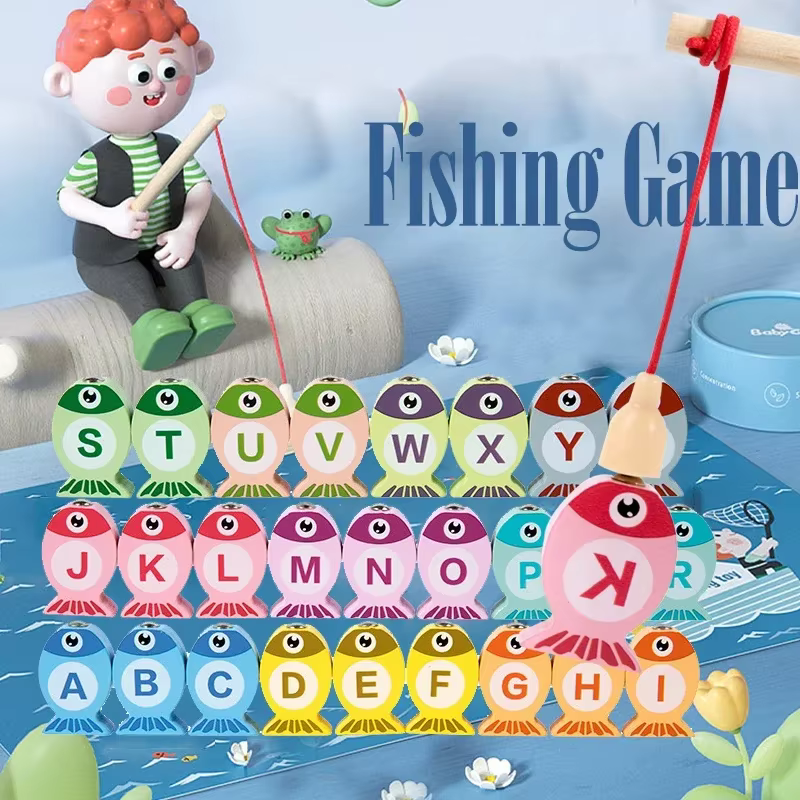 Juego de pesca de madera con peces de colores
