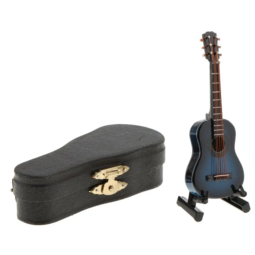 Guitarra miniatura de madera azul oscuro para casa de muñecas - imagen 3