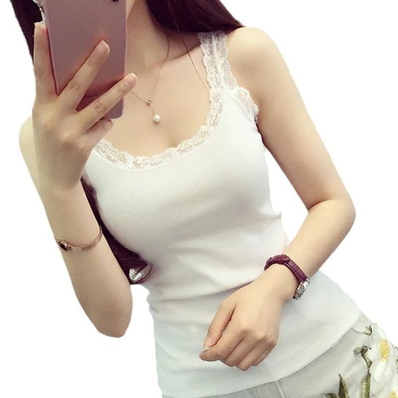 Camisola de algodón sin mangas con encaje y cuello en U ajustada - imagen 3