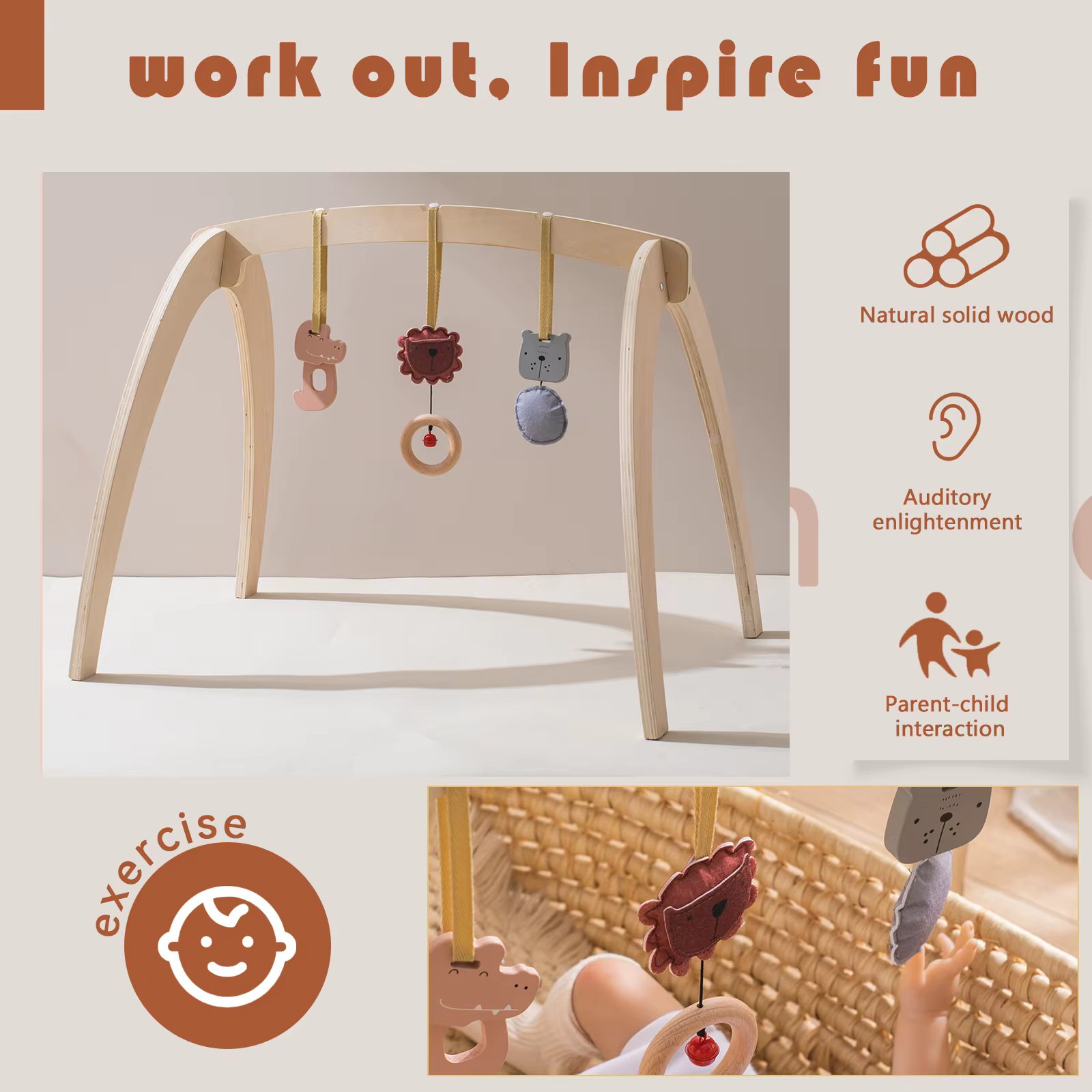 Gimnasio bebé de madera con actividades colgantes - imagen 5